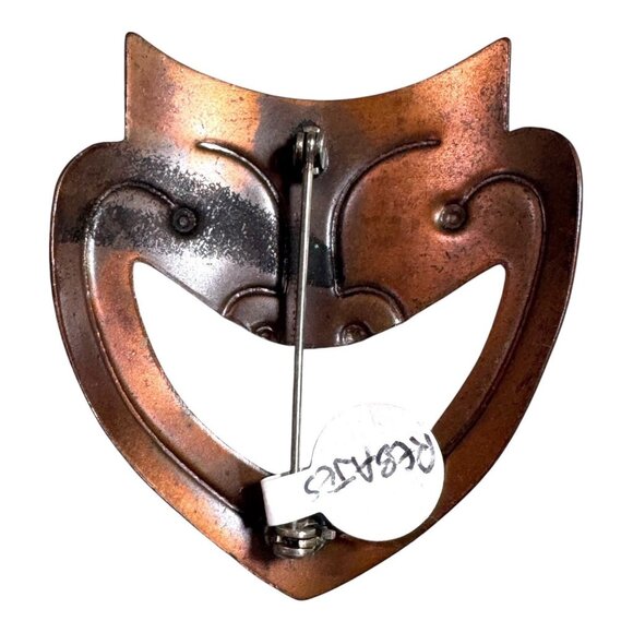 1950s Signed Rebajes Modernist Copper Comedy Mask Brooch MCM Drama Face Theatre - Picture 2 of 5